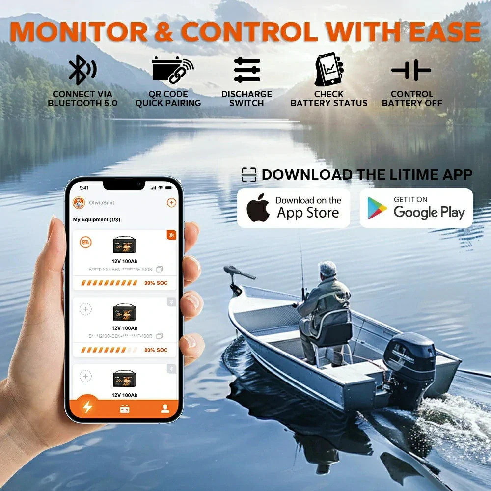Acumulator LiTime 12 V 100 Ah Marine LiFePO4 cu Bluetooth
