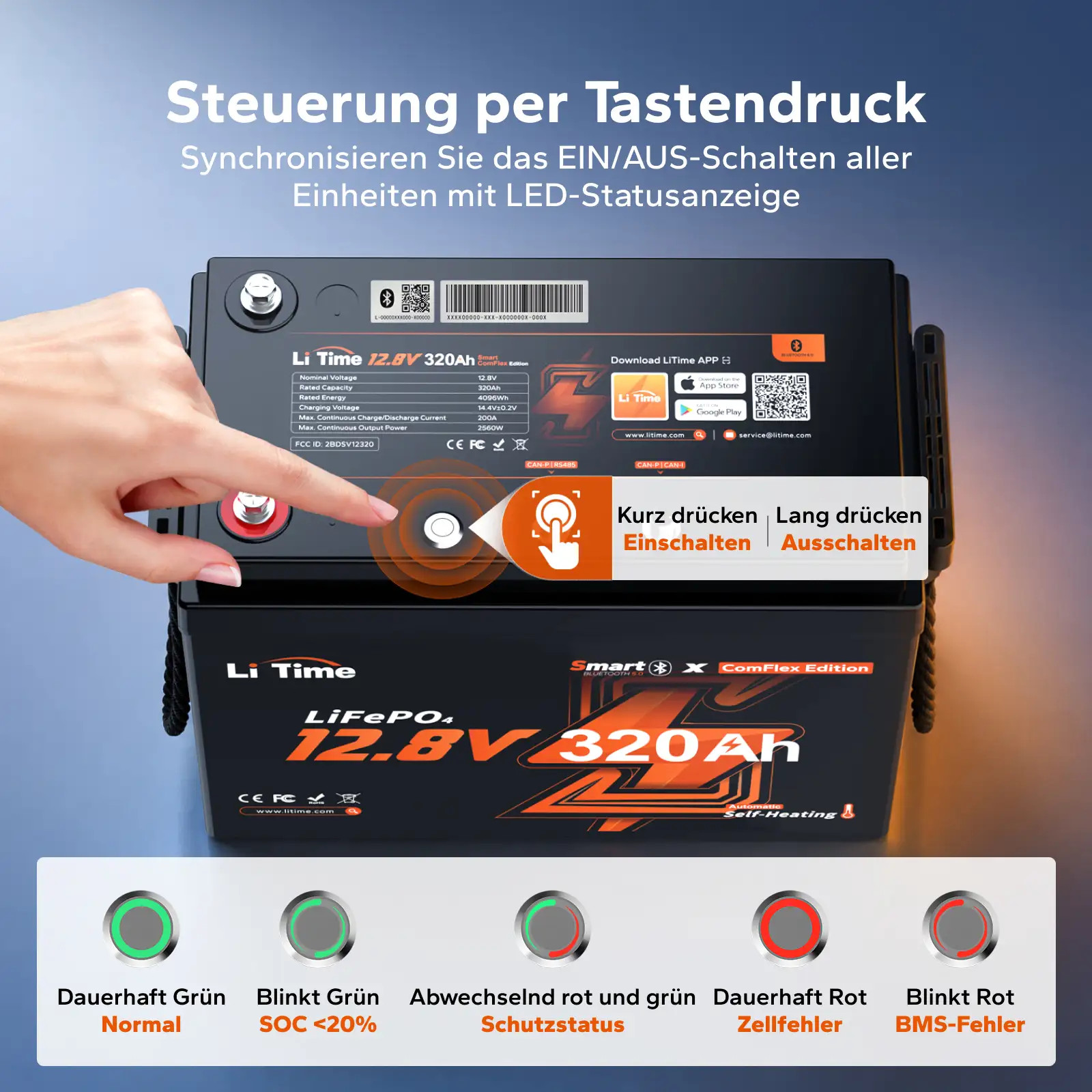 LiTime 12 V 320 Ah ComFlex Battery, Bluetooth and Self-Heating