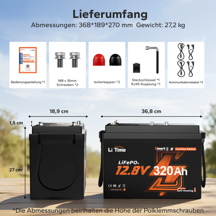 LiTime 12 V 320 Ah ComFlex Battery, Bluetooth and Self-Heating