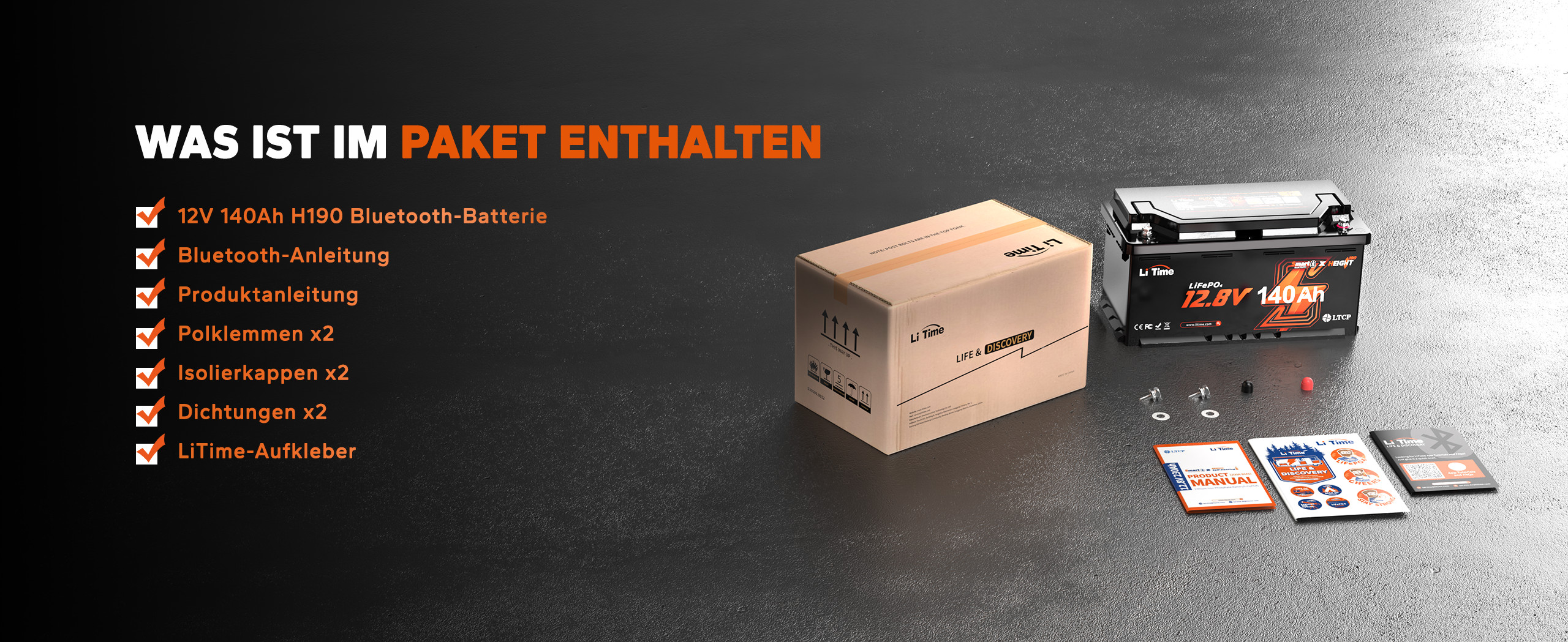 LiTime 12 V 140 Ah H190 LiFePO4 Battery with Bluetooth